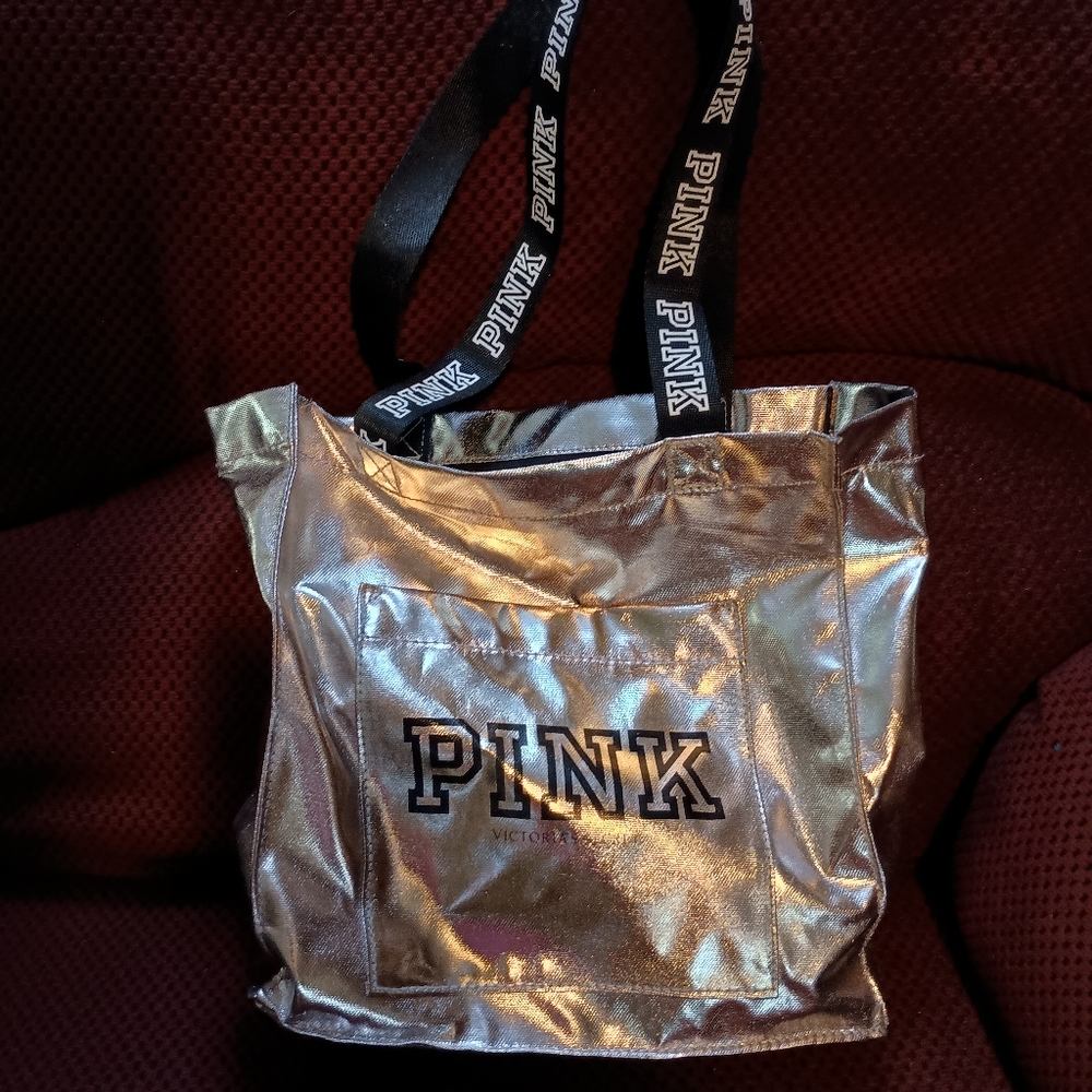 PINK Victoria's Secret Silver Tote Bag with Shimmering Finish